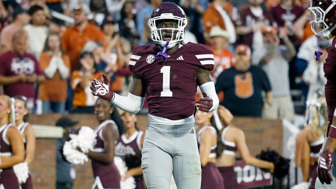 Oct 25, 2025; Starkville, Mississippi, USA; Mississippi State Bulldogs defensive back Kelley Jones (1) reacts during the fourth quarter against the Texas Longhorns at Davis Wade Stadium at Scott Field. Mandatory Credit: Petre Thomas-Imagn Images