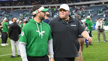 Dec 29, 2024; Philadelphia, Pennsylvania, USA; Philadelphia Eagles head coach Nick Sirianni and chief security officer Dom DiSandro after win against the Dallas Cowboys at Lincoln Financial Field. Mandatory Credit: Eric Hartline-Imagn Images