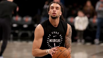 Jan 27, 2025; Brooklyn, New York, USA; Sacramento Kings guard Devin Carter (22) warms up before a game against the Brooklyn Nets at Barclays Center. Mandatory Credit: Brad Penner-Imagn Images