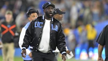 Nov 8, 2024; Pasadena, California, USA;  UCLA Bruins head coach DeShaun Foster on the sidelines during the second half against the the Iowa Hawkeyes at the Rose Bowl. Mandatory Credit: Jayne Kamin-Oncea-Imagn Images
