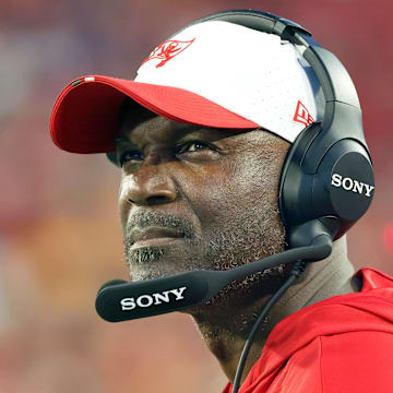 Aug 9, 2025; Tampa, Florida, USA; Tampa Bay Buccaneers head coach Todd Bowles looks on against the Tennessee Titans during the first half at Raymond James Stadium. Mandatory Credit: Kim Klement Neitzel-Imagn Images