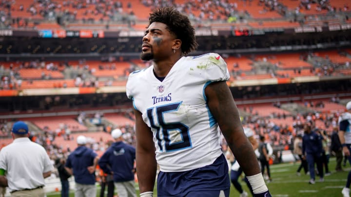 Tennessee Titans wide receiver Treylon Burks exits the field after losing to the Cleveland Browns 27-3 in Cleveland, Ohio, Sunday, Sept. 24, 2023.