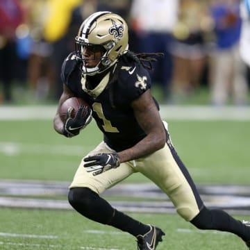 Jan 2, 2022; New Orleans, Louisiana, USA; New Orleans Saints wide receiver Marquez Callaway (1) runs after a catch in the second quarter against the Carolina Panthers at the Caesars Superdome. Mandatory Credit: Chuck Cook-USA TODAY Sports