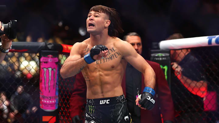 Apr 13, 2024; Las Vegas, Nevada, USA; Diego Lopes during UFC 300 at T-Mobile Arena. Mandatory Credit: Mark J. Rebilas-Imagn Images