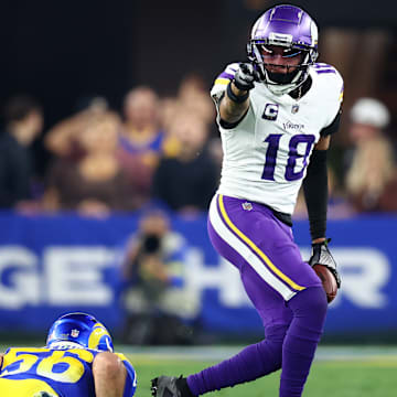 Minnesota Vikings wide receiver Justin Jefferson reacts after a catch against the Los Angeles Rams during the first half in an NFC wild-card game at State Farm Stadium in Glendale, Ariz., on Jan. 13, 2025.