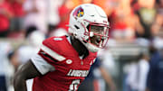 Louisville’s Chris Bell celebrates scoring a touchdown against Virginia at L&N Stadium Saturday.
Oct. 4, 2025