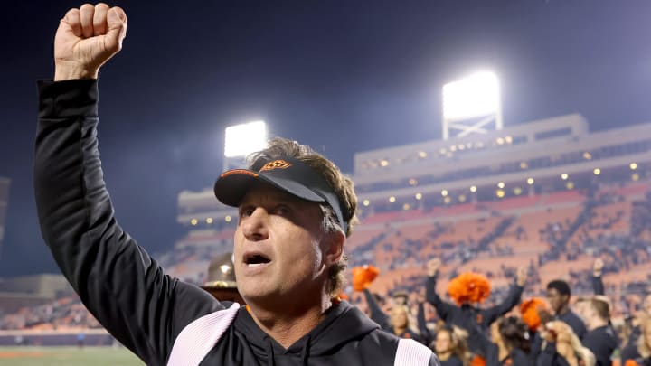 Oklahoma State head coach Mike Gundy acknowledges the crowd following of the college football game between the Oklahoma State University Cowboys and the Kansas State Wildcats at Boone Pickens Stadium in Stillwater. Okla., Friday, Oct. 6, 2023. OSU won 29-21.