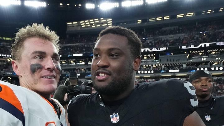 Denver Broncos quarterback Bo Nix and Las Vegas Raiders defensive tackle JJ Pegues