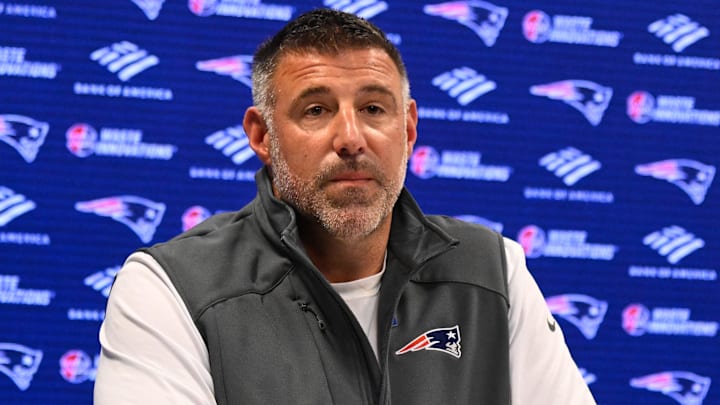 May 9, 2025; Foxborough, MA, USA;  New England Patriots head coach Mike Vrabel speaks the to media during a press conference at Gillette Stadium. Mandatory Credit: Eric Canha-Imagn Images