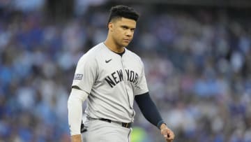 Jun 27, 2024; Toronto, Ontario, CAN; New York Yankees right fielder Juan Soto (22) reacts after striking out against the Toronto Blue Jays during the fifth inning at Rogers Centre. Mandatory Credit: John E. Sokolowski-USA TODAY Sports