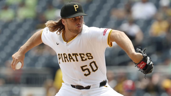 Jul 24, 2024; Pittsburgh, Pennsylvania, USA;  Pittsburgh Pirates relief pitcher Carmen Mlodzinski (50) throws against the St. Louis Cardinals during the seventh inning at PNC Park. Mandatory Credit: Charles LeClaire-USA TODAY Sports