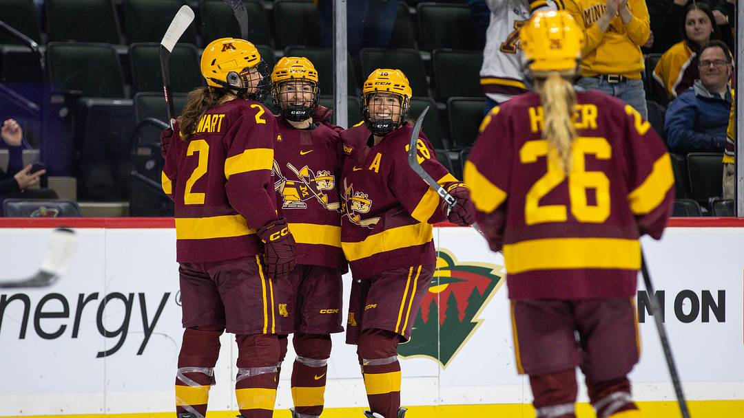 Gophers players Taylor Stewart (2), Nelli Laitinen, center, Abbey Murphy and Ella Huber (26) celebrate Murphy's goal against St. Thomas on Oct. 13, 2023, at Xcel Energy Center in St. Paul, Minn. Gophers players Taylor Stewart (2), Nelli Laitinen, center, Abbey Murphy and Ella Huber (26) celebrate Murphy's goal against St. Thomas on Oct. 13, 2023, at Xcel Energy Center in St. Paul, Minn.