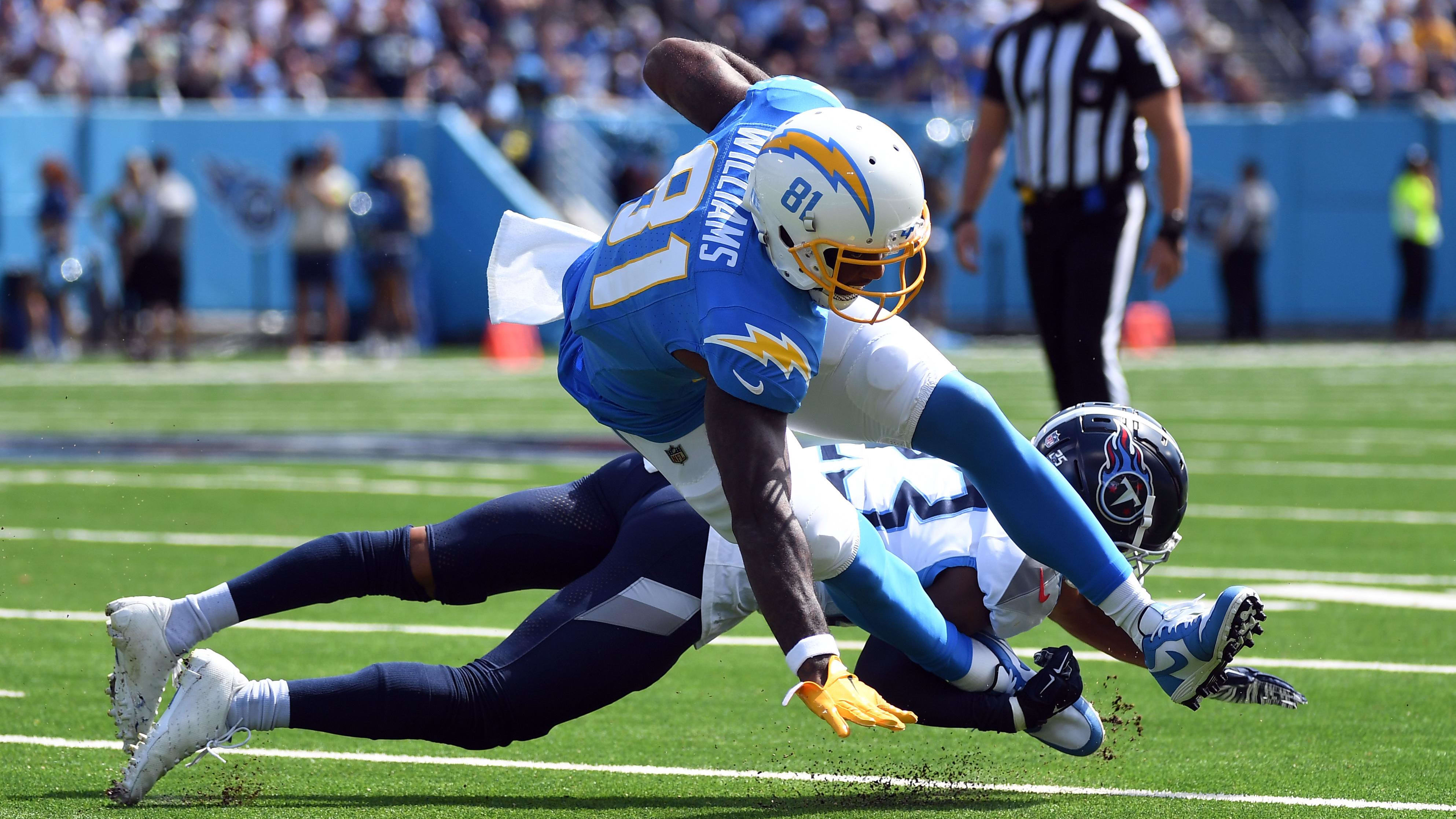 Sep 17, 2023; Nashville, Tennessee, USA; Los Angeles Chargers wide receiver Mike Williams (81) is