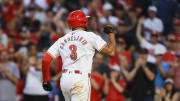 Jun 12, 2024; Cincinnati, Ohio, USA; Cincinnati Reds third baseman Jeimer Candelario (3) reacts after hitting a three-run home run in the sixth inning against the Cleveland Guardians at Great American Ball Park. Mandatory Credit: Katie Stratman-USA TODAY Sports