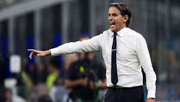 Simone Inzaghi, head coach of FC Internazionale, reacts...