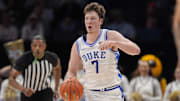 Mar 13, 2025; Charlotte, NC, USA; Duke Blue Devils guard Kon Knueppel (7) brings the ball up court against the Georgia Tech Yellow Jackets during the second half at Spectrum Center. Mandatory Credit: Jim Dedmon-Imagn Images