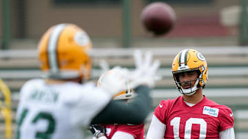 Green Bay Packers quarterback Jordan Love (10) is shown during organized team activities Tuesday, May 21, 2024 in Green Bay, Wisconsin.