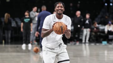 Mar 19, 2024; Brooklyn, New York, USA;  Brooklyn Nets forward Dorian Finney-Smith (28) warms up prior to the game against the New Orleans Pelicans at Barclays Center. Mandatory Credit: Wendell Cruz-USA TODAY Sports