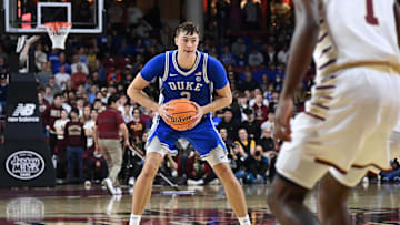 Jan 18, 2025; Chestnut Hill, Massachusetts, USA; Duke Blue Devils guard Cooper Flagg (2) looks to pass the ball during the second half against the Boston College Eagles at Conte Forum. Mandatory Credit: Eric Canha-Imagn Images