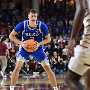 Jan 18, 2025; Chestnut Hill, Massachusetts, USA; Duke Blue Devils guard Cooper Flagg (2) looks to pass the ball during the second half against the Boston College Eagles at Conte Forum. Mandatory Credit: Eric Canha-Imagn Images