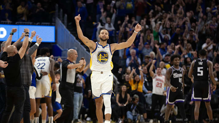 Oct 18, 2023; San Francisco, California, USA; Golden State Warriors guard Stephen Curry (30) celebrates his three-point basket that produced a 116-115 win over the Sacramento Kings during the fourth quarter at Chase Center. Mandatory Credit: D. Ross Cameron-Imagn Images