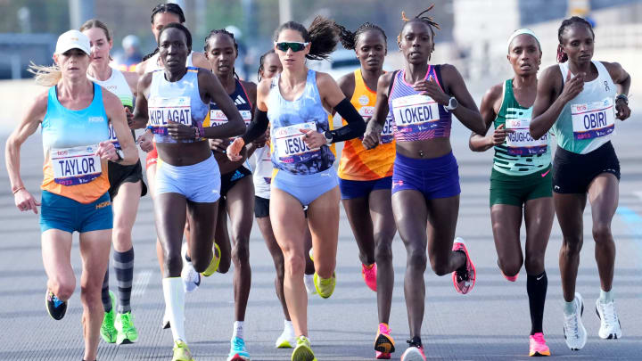 Nov 5, 2023; New York, NY, US; Elite women marathoners, are shown in the Bronx. Hellen Obiri (far right) (KEN) went on to win the race. Mandatory Credit: Kevin R. Wexler-The Record