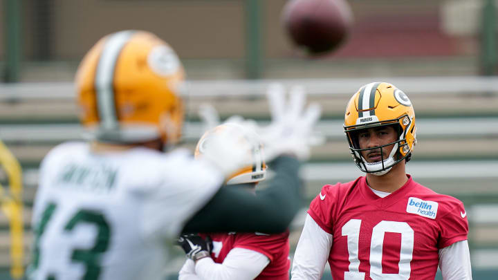 Green Bay Packers quarterback Jordan Love (10) is shown during organized team activities Tuesday, May 21, 2024 in Green Bay, Wisconsin.