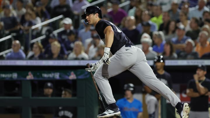 Mar 4, 2024; Jupiter, Florida, USA; New York Yankees outfielder Spencer jones (78) hits a single against the Miami Marlins during the fifth inning at Roger Dean Chevrolet Stadium. Mandatory Credit: Sam Navarro-USA TODAY Sports