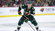 Sep 30, 2025; Saint Paul, Minnesota, USA; Minnesota Wild forward Kirill Kaprizov (97) skates with the puck against the Winnipeg Jets during the second period at Grand Casino Arena. Mandatory Credit: Matt Krohn-Imagn Images