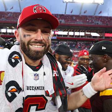 Sep 8, 2024; Tampa, Florida, USA; Tampa Bay Buccaneers quarterback Baker Mayfield (6) celebrates after beating the Washington Commanders at Raymond James Stadium. Mandatory Credit: Nathan Ray Seebeck-Imagn Images