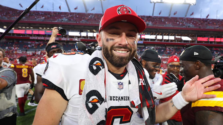 Sep 8, 2024; Tampa, Florida, USA; Tampa Bay Buccaneers quarterback Baker Mayfield (6) celebrates after beating the Washington Commanders at Raymond James Stadium. Mandatory Credit: Nathan Ray Seebeck-Imagn Images