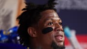  Atlanta Braves right fielder Ronald Acuna Jr. (13) in the dugout against the San Francisco Giants in the fourth inning at Truist Park on July 21. 