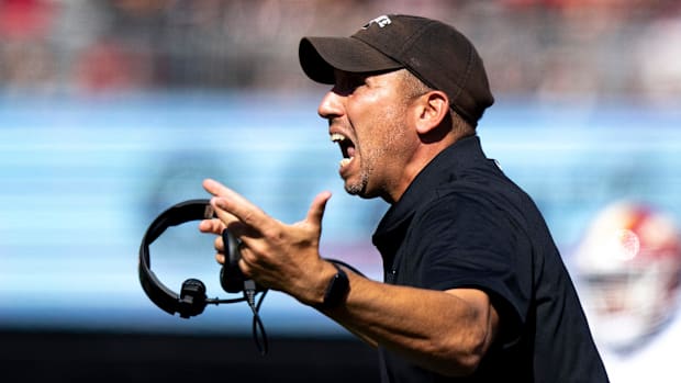 Iowa State Cyclones head coach Matt Campbell upset on the sideline 
