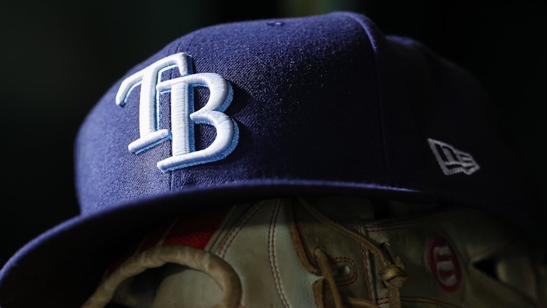 Apr 3, 2023; Washington, District of Columbia, USA; A general view of a Tampa Bay Rays hat and glove during the seventh inning of the game against the Washington Nationals at Nationals Park. 
