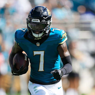 Jacksonville Jaguars wide receiver Brian Thomas Jr. (7) sprints on a catch and run during the fourth quarter of an NFL football matchup at EverBank Stadium, Sunday, Sept. 21, 2025, in Jacksonville, Fla. The Jaguars defeated the Texans 17-10.
