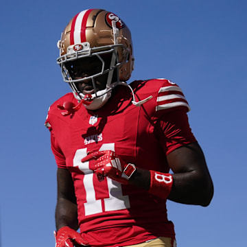 Oct 20, 2024; Santa Clara, California, USA; San Francisco 49ers wide receiver Brandon Aiyuk (11) walks on the field before the start of the game against the Kansas City Chiefs at Levi's Stadium. Mandatory Credit: Cary Edmondson-Imagn Images