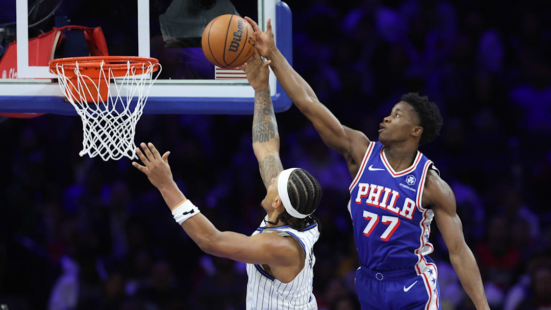 Oct 27, 2025; Philadelphia, Pennsylvania, USA; Philadelphia 76ers guard VJ Edgecombe (77) blocks the shot of Orlando Magic forward Paolo Banchero (5) during the third quarter at Xfinity Mobile Arena. Mandatory Credit: Bill Streicher-Imagn Images Oct 27, 2025; Philadelphia, Pennsylvania, USA; Philadelphia 76ers guard VJ Edgecombe (77) blocks the shot of Orlando Magic forward Paolo Banchero (5) during the third quarter at Xfinity Mobile Arena. Mandatory Credit: Bill Streicher-Imagn Images