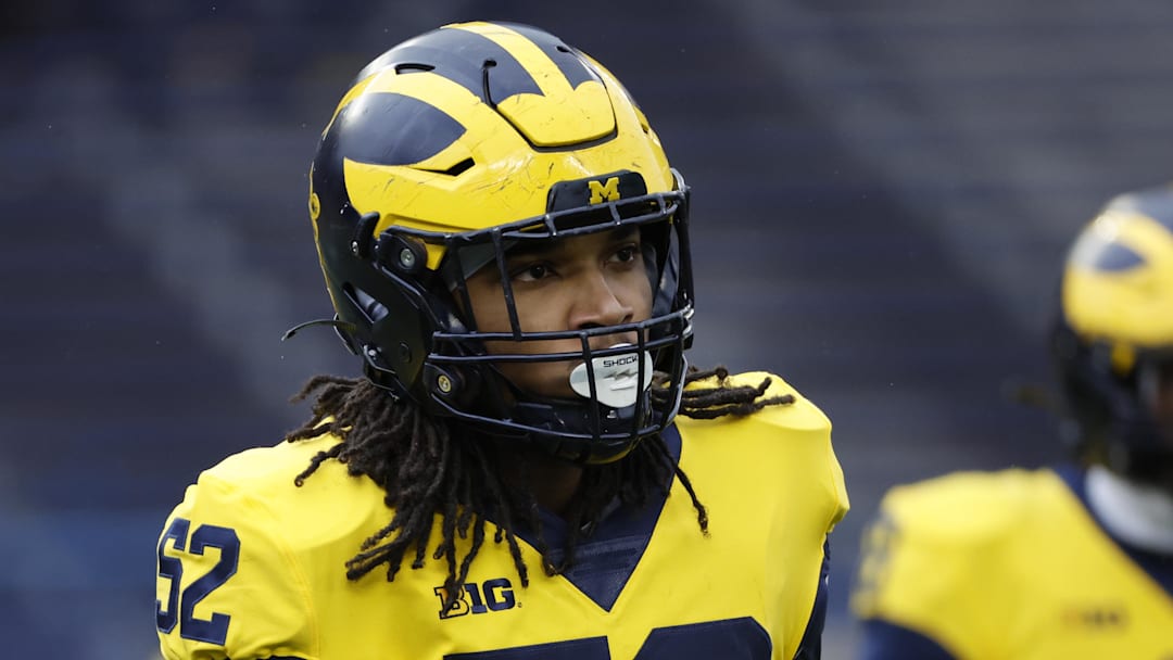 Apr 1, 2023; Ann Arbor, MI, USA; Michigan Wolverines edge rusher Kechaun Bennett (52) looks on during the Spring Game at Michigan Stadium. Mandatory Credit: Rick Osentoski-Imagn Images