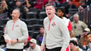 Nov 4, 2024; Las Vegas, Nevada, USA; Ohio State Buckeyes head coach Jake Diebler reacts to a play against the Texas Longhorns during the first half at T-Mobile Arena. Mandatory Credit: Stephen R. Sylvanie-Imagn Images