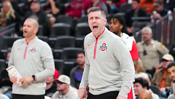 Nov 4, 2024; Las Vegas, Nevada, USA; Ohio State Buckeyes head coach Jake Diebler reacts to a play against the Texas Longhorns during the first half at T-Mobile Arena. Mandatory Credit: Stephen R. Sylvanie-Imagn Images