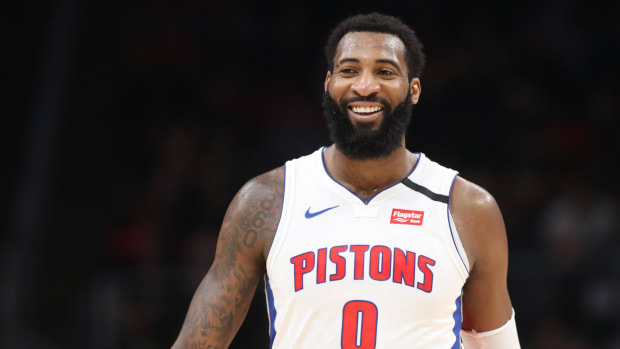 Jan 18, 2020; Atlanta, Georgia, USA; Detroit Pistons center Andre Drummond (0) reacts after a play in the second half against the Atlanta Hawks at State Farm Arena. Mandatory Credit: Jason Getz-USA TODAY Sports