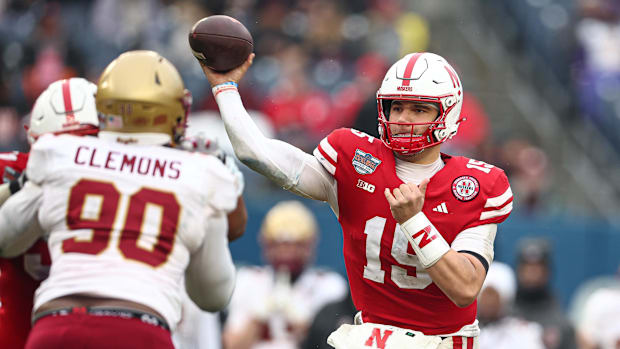 Nebraska’s Dylan Raiola throws the ball during the second half against the Boston College Eagles at Yankee Stadium.