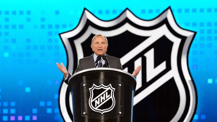 Jun 28, 2024; Las Vegas, Nevada, USA; NHL Commissioner Gary Bettman welcomes fans to the 2024 NHL Draft at The Sphere. Mandatory Credit: Stephen R. Sylvanie-Imagn Images