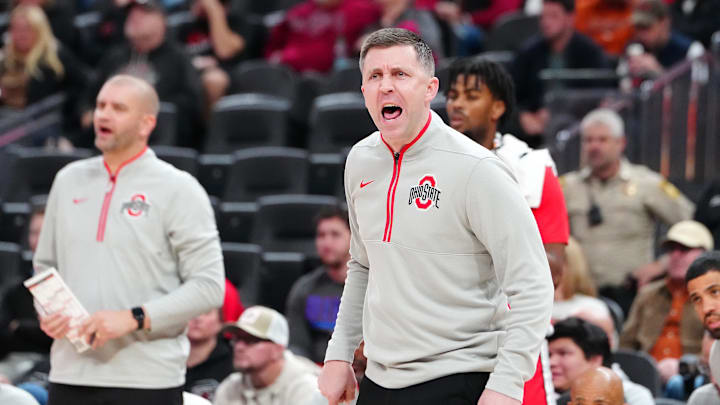 Nov 4, 2024; Las Vegas, Nevada, USA; Ohio State Buckeyes head coach Jake Diebler reacts to a play against the Texas Longhorns during the first half at T-Mobile Arena. Mandatory Credit: Stephen R. Sylvanie-Imagn Images