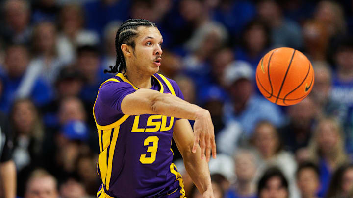 Mar 4, 2025; Lexington, Kentucky, USA; LSU Tigers guard Curtis Givens III (3) passes the ball during the second half against the Kentucky Wildcats at Rupp Arena at Central Bank Center. Mandatory Credit: Jordan Prather-Imagn Images