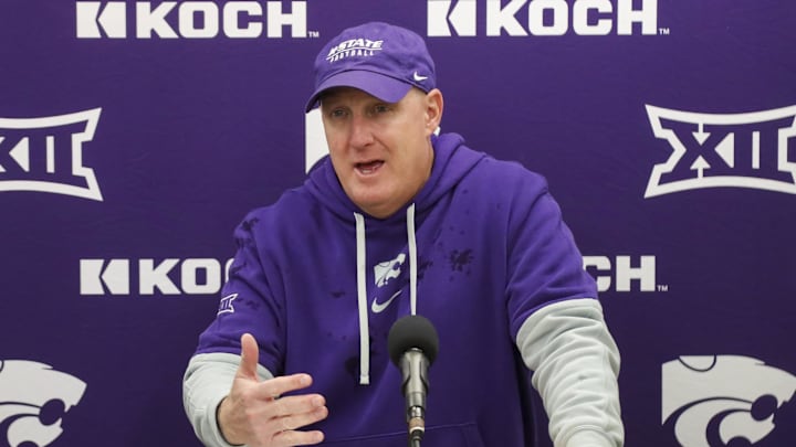 Oct 19, 2024; Morgantown, West Virginia, USA; Kansas State Wildcats head coach Chris Klieman speaks with the media after defeating the West Virginia Mountaineers at Mountaineer Field at Milan Puskar Stadium. Mandatory Credit: Ben Queen-Imagn Images