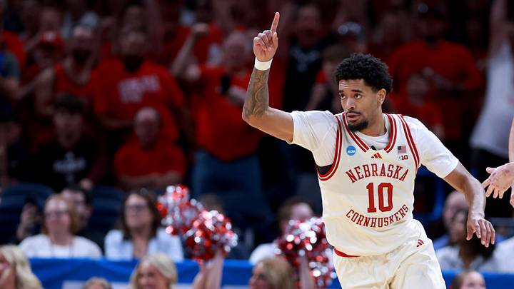 Nebraska's Jamarques Lawrence (10) reacts after a basket during a second-round game in the NCAA men's basketball tournament between Nebraska Cornhuskers and Vanderbilt Commodores at Paycom Center in Oklahoma City, Saturday March 21, 2026.