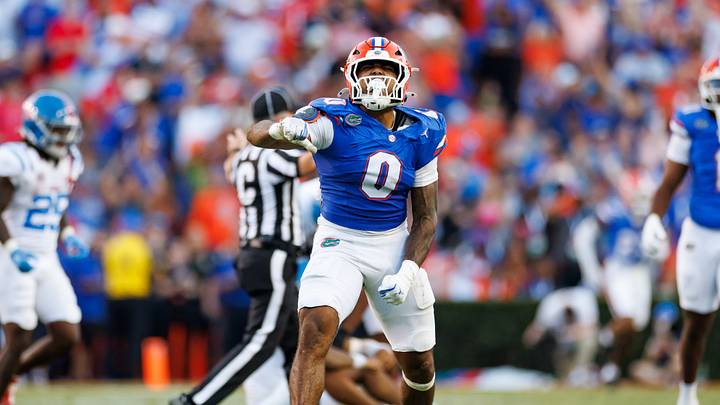 Sep 26, 2026; Gainesville, Florida, USA;  Florida Gators jack Jayden Woods (0) celebrates after a fumble recovery against the Mississippi Rebels during the second half at Ben Hill Griffin Stadium.  Mandatory Credit: Matt Pendleton-Imagn Images
