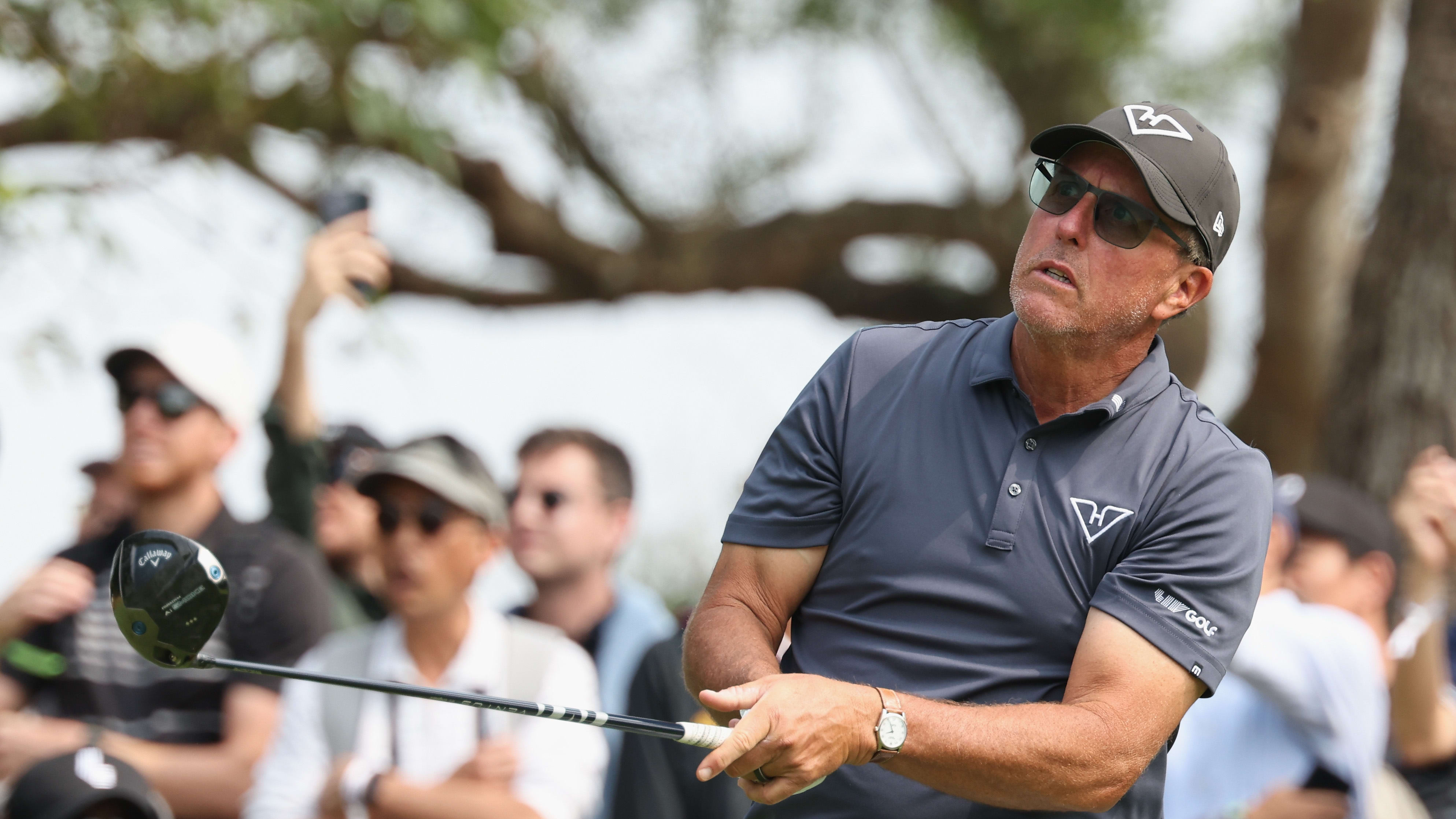 Phil Mickelson watches a shot at the 2024 LIV Golf Hong Kong event.