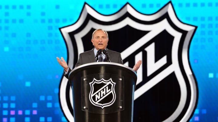 Jun 28, 2024; Las Vegas, Nevada, USA; NHL Commissioner Gary Bettman welcomes fans to the 2024 NHL Draft at The Sphere. Mandatory Credit: Stephen R. Sylvanie-USA TODAY Sports